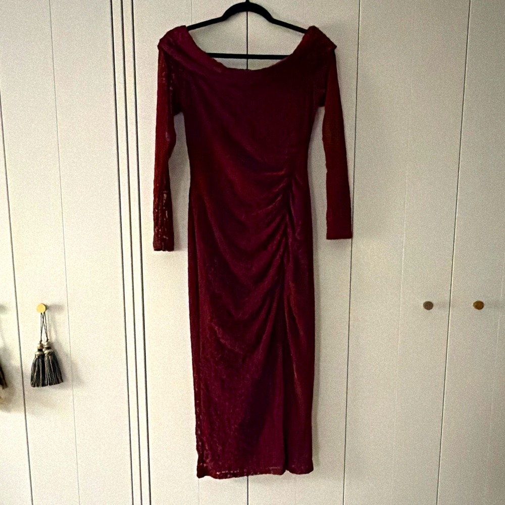 Ember Burgundy Goth Velvet Lace Off Shoulder Long Sleeve Ruched Midi Dress M